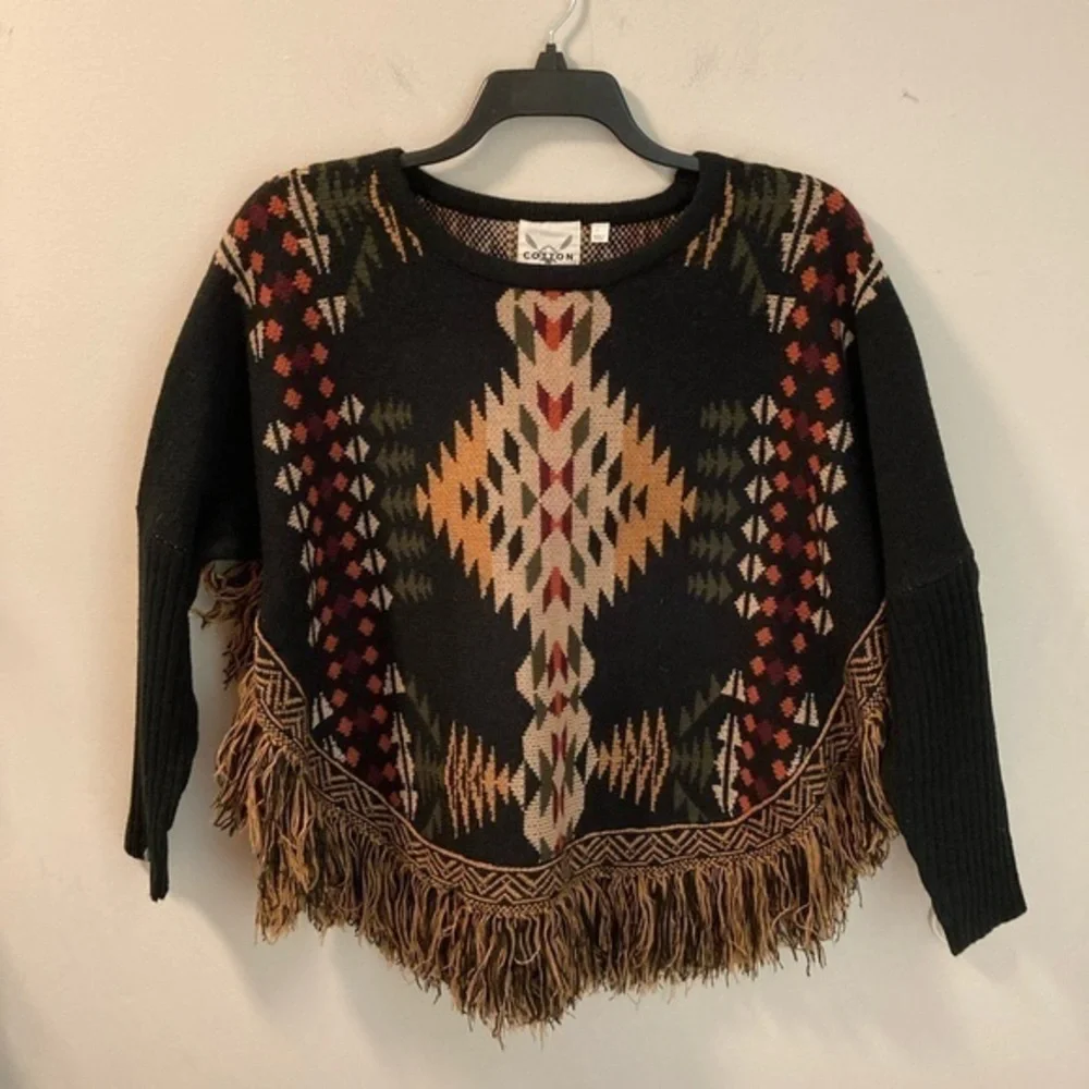 Cotton & Rye Outfitters Poncho Sweater Black Southwest Aztec Cape Sz L Fringe - Picture 4 of 10